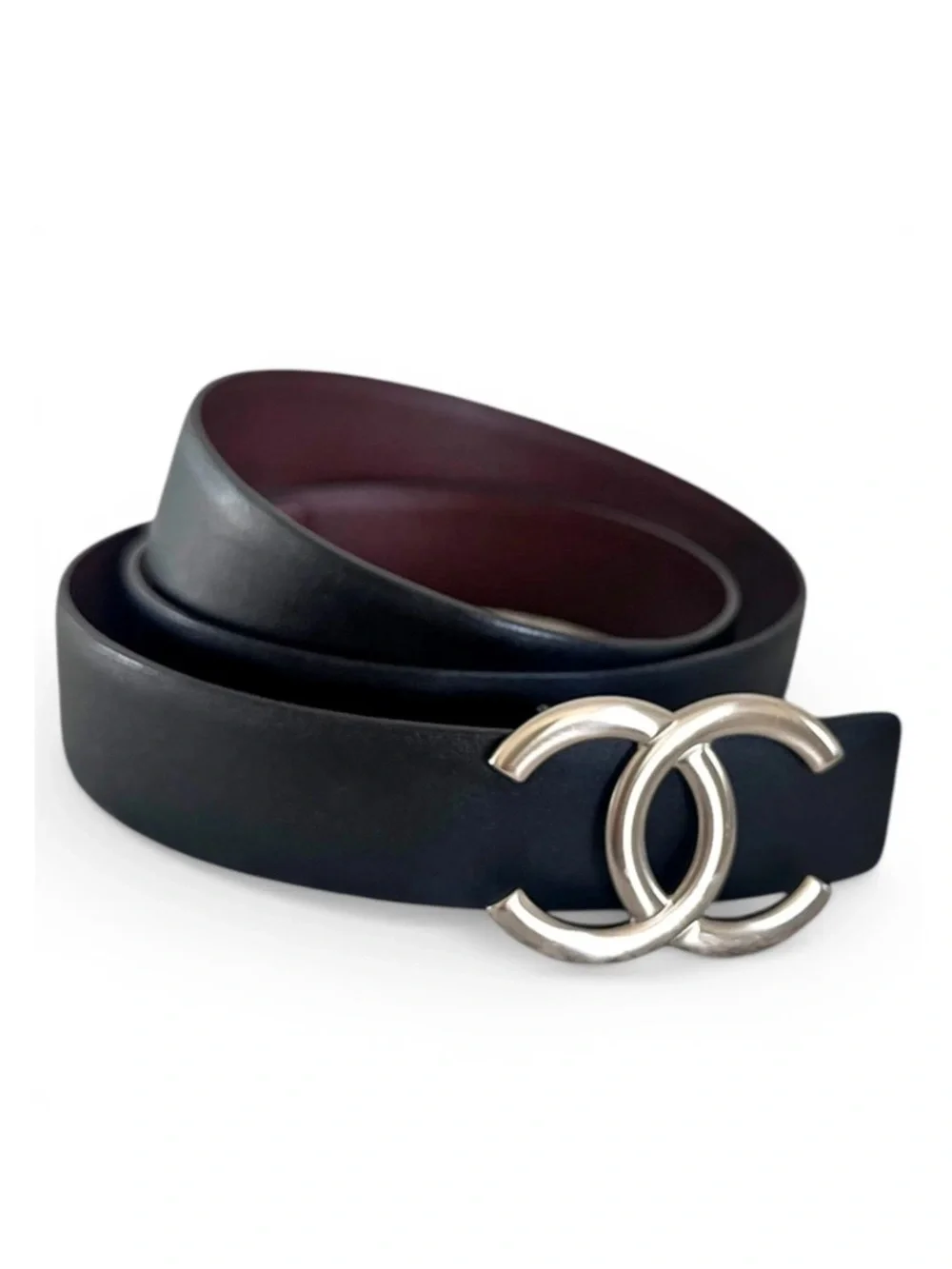 CHANEL Calfskin Leather CC Reversible Belt Silver Buckle Black Burgundy